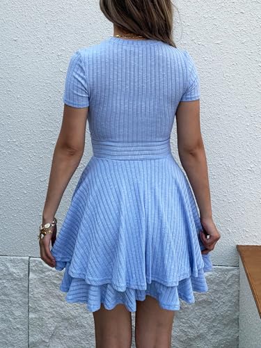 Image of Womens Summer Mini Dresses Short Sleeve Casual Crewneck Knitted Crochet Flowy Tiered Sundress