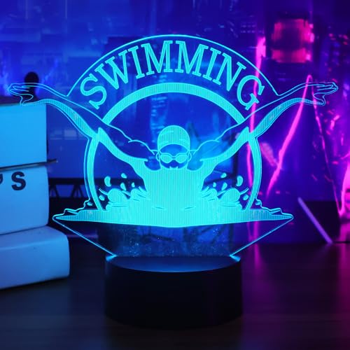 Image of OkiyiD Swimming Gifts for Boys Girls, 3D Illusion Lamp, 3D Swimming Night Light with 16 Colors Remote and Touch Control, Swimmer Natator Decor for Kids Room, Girls Birthday Gifts