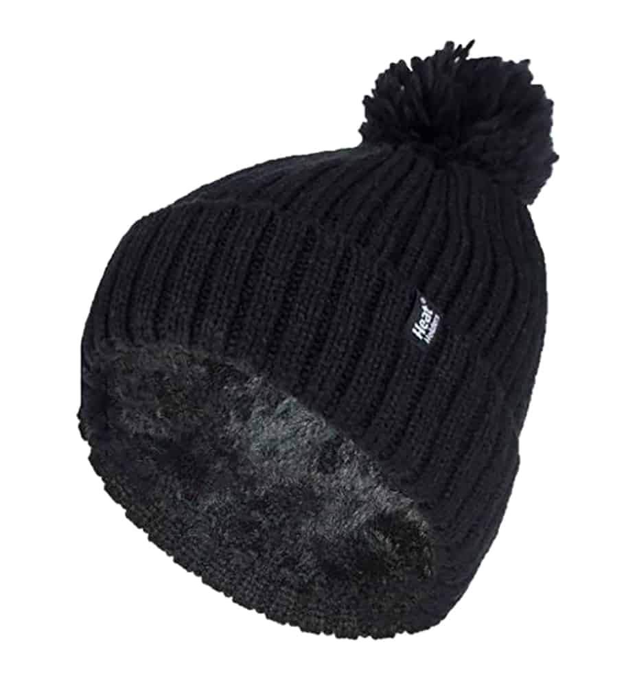 Heat Holders Women's Black (Arden) - Thick Chunky Ribbed Cuffed Thermal Insulated Winter Pom Pom Bobble Hat (One Size, )