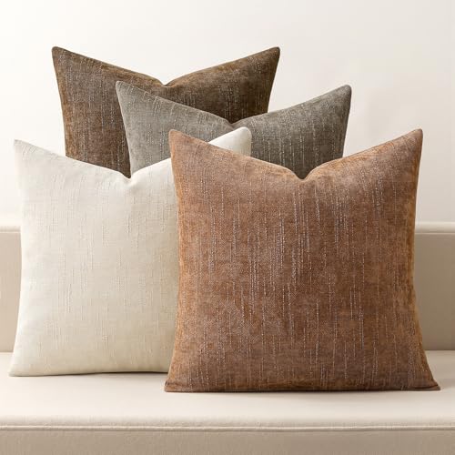 MIULEE Pack of 4 Fall Decorative Throw Pillow Covers 18x18 Inch Brown Chenille Textured Throw Pillows Boho Farmhouse Rustic Cushion Covers for Vintage Modern Home Decor Couch Sofa Bed Living Room