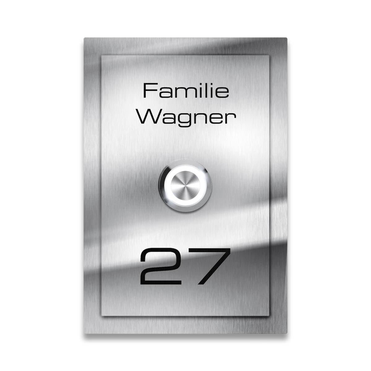 Metzler® Türklingel Edelstahl mit LED-Taster und Gravur – witterungsbeständig, personalisierbar, beleuchtet in Wunschfarbe – modernes Klingelschild 11x16 cm, einfache Montage, rostfrei