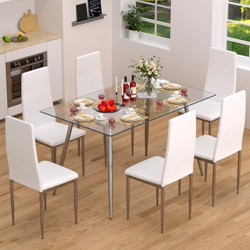 QJZLXKYT Glass Dining Table Set, Glass Dining Room Table with Chairs for 6 People, 7 Piece Kitchen Table and Chairs Set, Modern Style, Perfect for Small Space, Easy Assembly (Include 6 White Chairs)