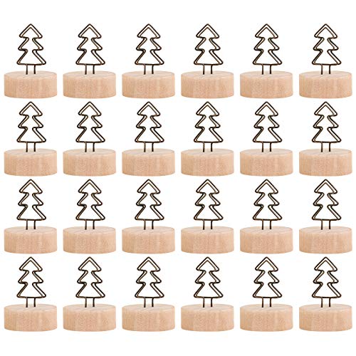 ADXCO 24 Pack Christmas Party Decoration Card Holders Wooden Base Card Holders Rustic Iron Wire Picture Picks Clip Holder Picture Memo Note Photo Clip for Wedding Office Christmas Table Decorations