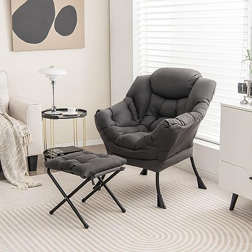 RELAX4LIFE - RELAX4LIFE Fauteuil de Salon avec Repose-Pied, Fauteuil Relax Confortable en PE avec Poche Latérale-Appui-tête-Patins Antidérapants pour Chambre Salon Bureau,Gris