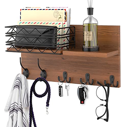 AXTEE Key Holder for Wall, Mail Organizer Wall Mount Includes Mail Holder Coat Hooks and 2 Double Wall Hooks, Pine Rustic Home Decor for Keys, Coats, Dog Leashes, Mail (16.5”W x 8.7”H x 4”D) (Brown)