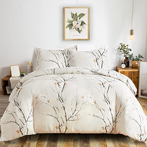 Cream White Floral Duvet Cover Set Queen, 3 Pieces Flower Plum Blossom Bedding Set With 2 Pillowcases Soft Microfiber Duvet Cover Set Queen Size 90"X90" (Not Comforter) #TOP8