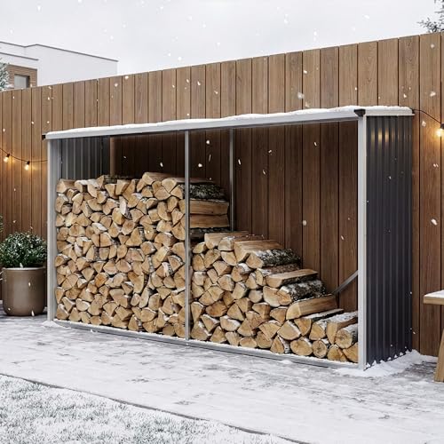 casa.pro Abri-Bûches Couvert Solide Support pour Bois de Chauffage Robuste Range-Bûches pour Stockage Extérieur du Bois en Acier Galvanisé 352 x 80 x 152 cm...