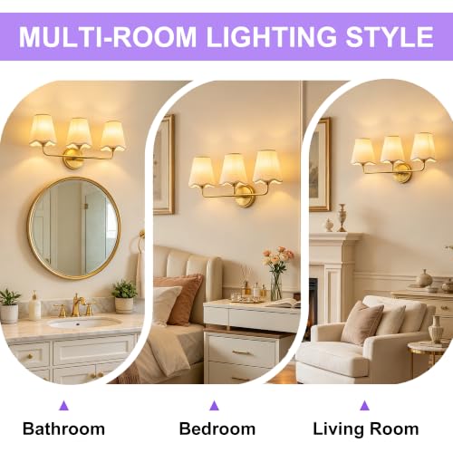 Image of Bathroom Light Fixtures 22 inch Dimmable 3-Light Gold Vanity Light | Farmhouse Bathroom Lights with Beige Wavy Fabric Shade, Vanity Lighting Fixtures for Mirror Bedroom Living Room Hallway