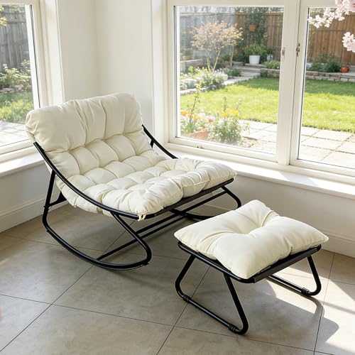 HavenGlide Fauteuil à bascule pour l'intérieur et l'extérieur, avec coussin, taille XXL, avec tabouret, fauteuil de relaxation, charge maximale : 150 kg, pour jardin,...
