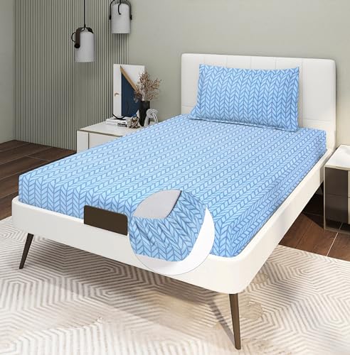 Image of RD TREND Presents Luxurious Glace Cotton Super Soft 210 TC 360 Elastic Fitted Bedsheets Single Bed Size (72 x 48 x 8 Inch) with 1 Pillow Cover Size (28 x18), Color- Blue, Solid