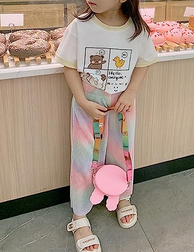 Image of Kiench Girls Wide Leg Palazzo Pants Pleated Silky Flowy Trousers Cute Print