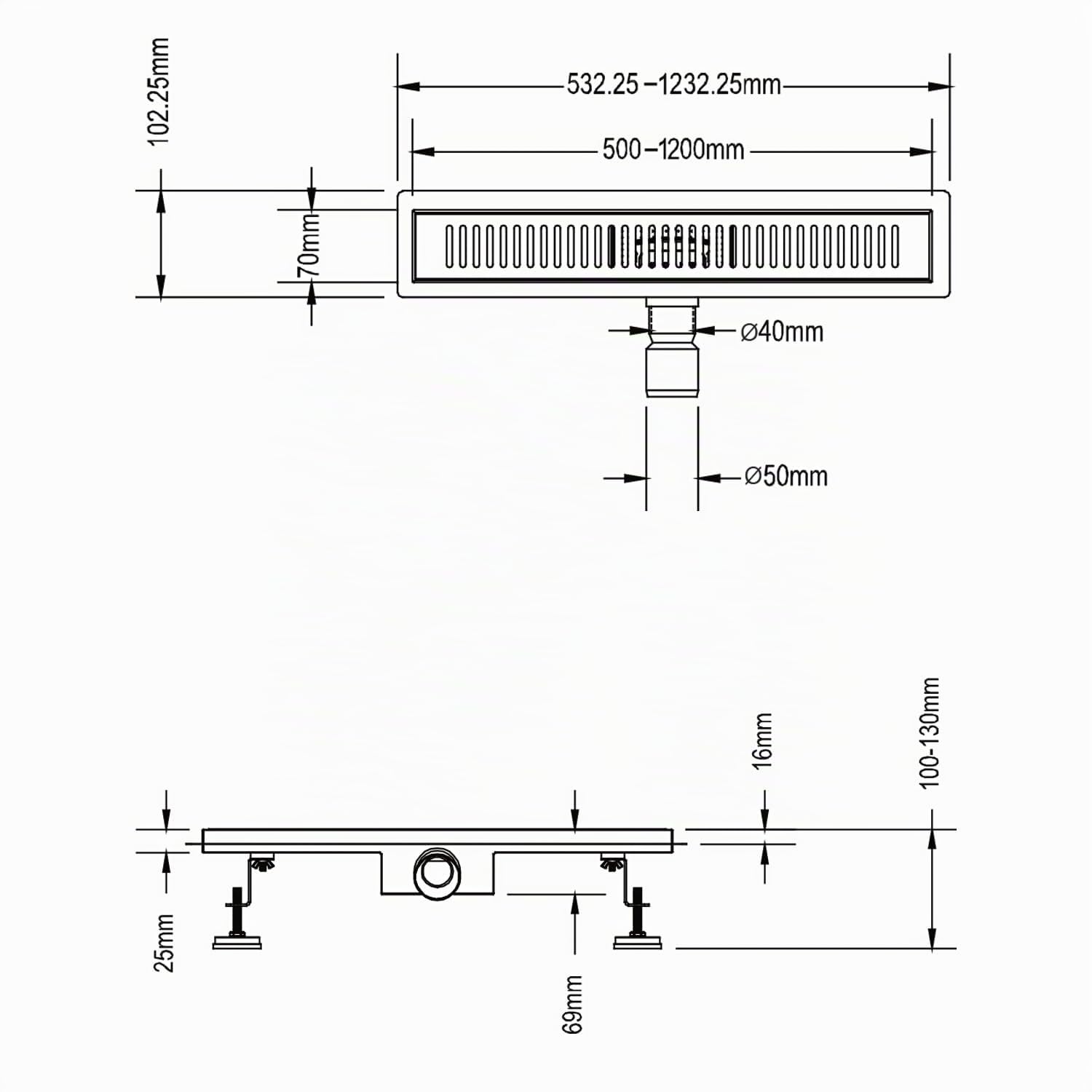 Canalina di scarico doccia in acciaio inox con griglia a righe 60 cm mod. Stripe