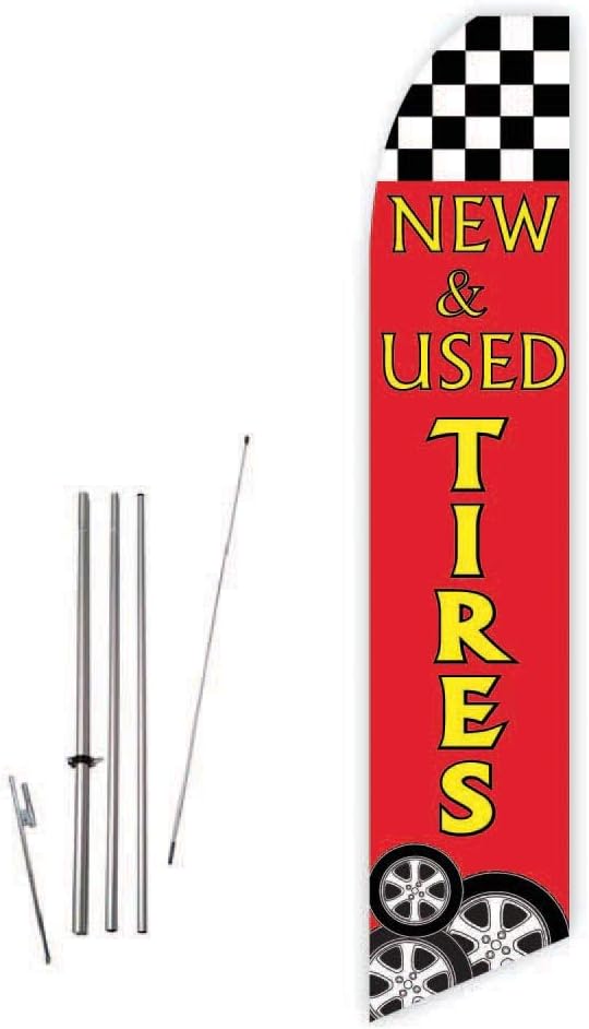 New & Used Tires (Red) Super Novo Feather Flag - Complete with 15ft Pole Set and Ground Spike