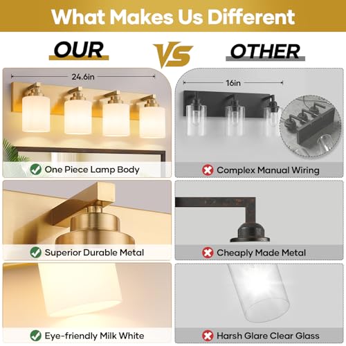Image of Vanity Lights for Bathroom, 4-Light Brushed Gold Bathroom Vanity Light Over Mirror with Milky White Glass Shades, Modern Bathroom Light Fixtures for Living Room Hallway Cabinet (Bulbs Not Included)