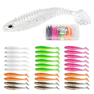 30pcs Soft Plastic Swimbaits with Paddle Tail, T-Tail Fishing Lures for Vertical Jigging and Casting, Freshwater Swimbaits for Bass, Trout, Walleye & Crappie