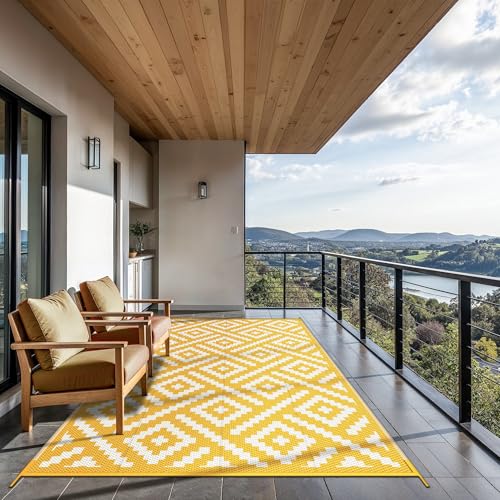 Image of GENIMO Outdoor Rug, Waterproof Plastic Rugs for Patio, 6'x9' Yellow White