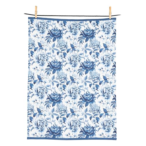 Abbott Collection Chintz Print Kitchen Tea Towel - 100% Cotton, White/Dark Blue (20x28 inches L)