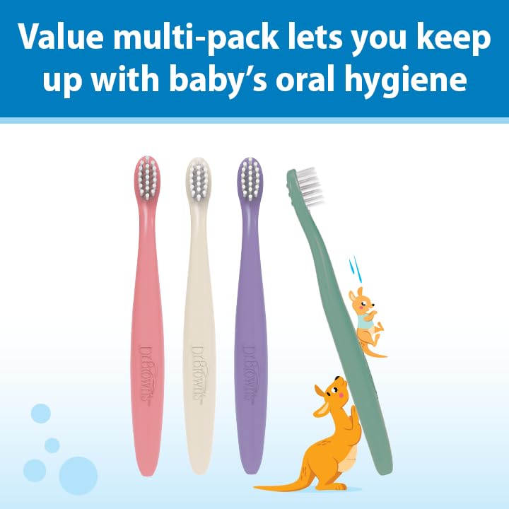 Image of Dr. Brown's Infant-to-Toddler Toothbrush Set, Soft & Gentle Manual Toothbrushes for Baby, Pink /Ecru /Purple /Dark Green, BPA Free, 0-3 Years - 4-Pack