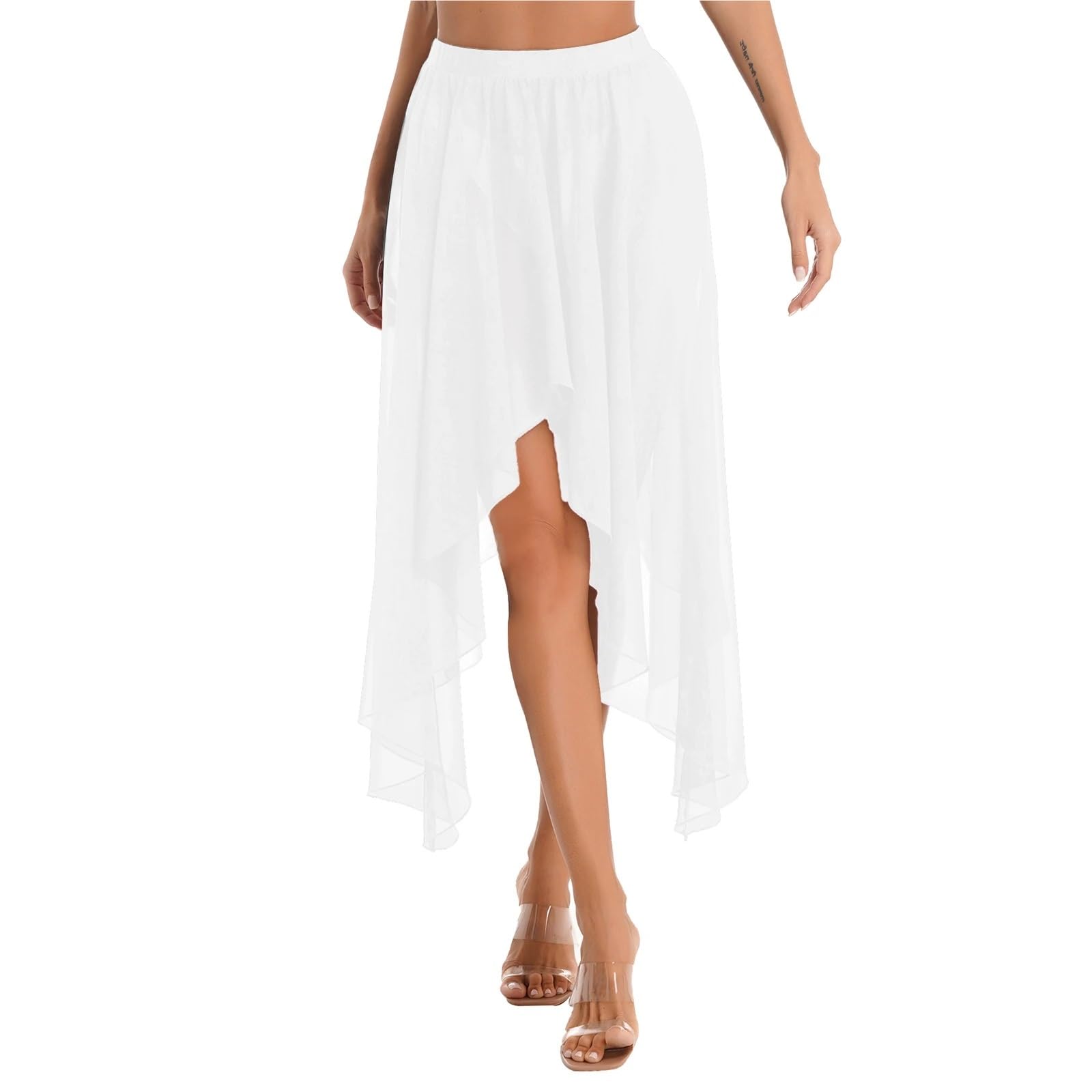 TRRYUIP Belly Dance Skirt Women Chiffon Belly Ballroom Dance Dancewear Elegant Mid-Long Latin Asymmetrical Hem Skirts(White A)