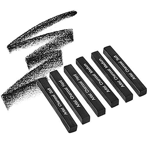 iCookii 6 Pcs Square Compressed Drawing Charcoal Sticks Artist Charcoal Pastel Pencils for Sketching Drawing Artist Black Charcoal Sticks Assorted Soft Medium Hard for Art Student Supplies