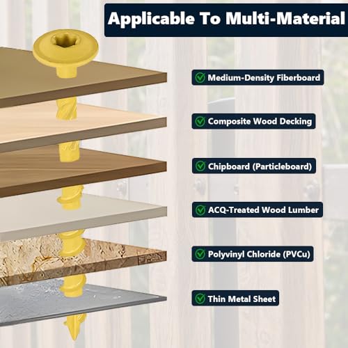 40 Tornillos heavy-duty para madera 1/4 x 4 con cabeza flangeada, sistema de apriete Torx, recubiertos en epoxi amarillo, punta auto perforante afilada miniatura 5