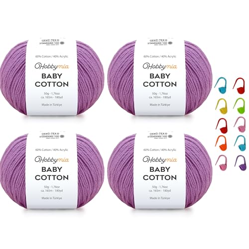 Image of Baby Cotton Blend Yarn - Soft Sport Weight Yarn for Crochet & Amigurumi - 50g /180yds - 60% Cotton 40% Acrylic - Ideal for Baby & Knitting Proj. & 10 Stitch Markers(Dark Lilac, 4 Balls)
