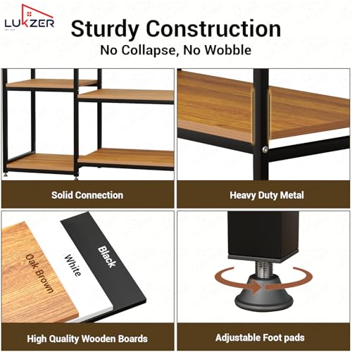 Image of Lukzer Heavy Duty Garment Rack with 8 Shelves & Hanging Rod | Free-Standing Modern Clothes Stand Metal & Engineered Wood Shoe Rack with Adjustable Foot Pads for Living Room - MMR-004 /Black & Oak Brown