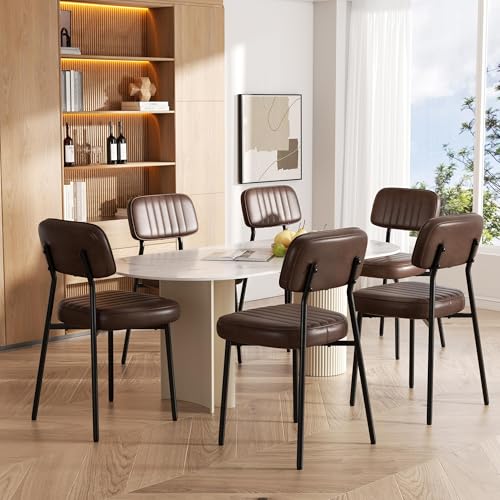 Image of Dining Chairs Set of 6, Modern Faux Leather Dining Chair with Thick Cushions Seat Back and Metal Legs, Comfy Upholstered Kitchen Chairs for Dining Living Room (Coffee)