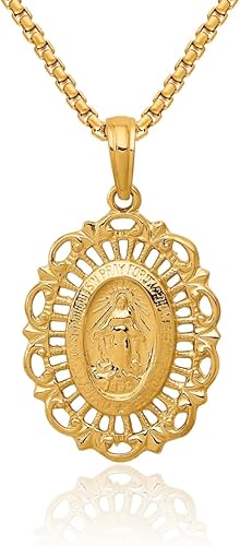 Collar con dije de medalla milagrosa ovalada de oro amarillo de 14 quilates joyería fina religiosa para mujer regalos para ella