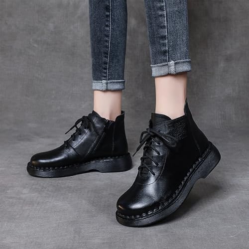 Women's Genuine Leather Lace Up Side Zipper Ankle Boots Retro Round Wide Toe Comfort Wear Resistant Platform Chunky Heel Adds Height Fashion Combat Short Boots3