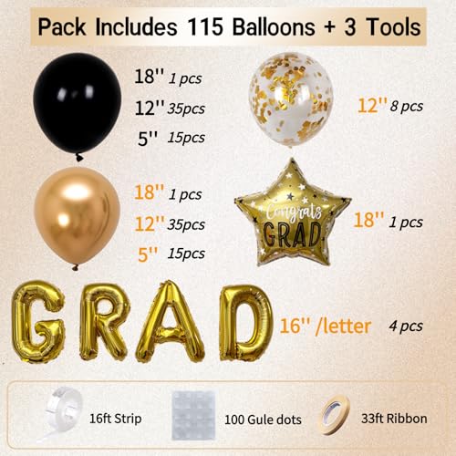 Image of Graduation Balloon Arch Kit - 115Pcs Black Gold Graduation Balloon Garland with GRAD Letters and Star Foil Balloons for Class of 2026 Grad Prom Party Decor