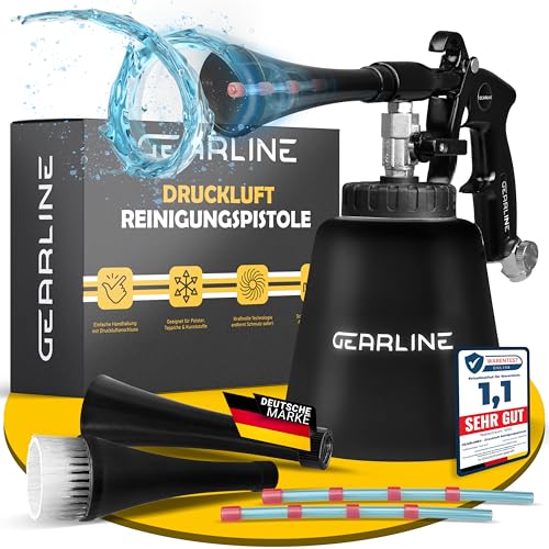 GEARLINE Druckluft Reinigungspistole [mit Wirbelstrahl-Technik] - effektive Luftdruckpistole für Autoreinigung & mehr - All-in-One-Set mit Druckluftpistole Wassertank & 2 Düsen-Aufsätzen