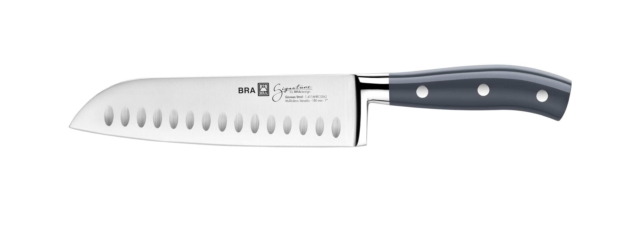 BRA Signature 180-mm-Santokumesser, deutscher, geschmiedeter Edelstahl mit Molybdän-Vanadium, genieteter ABS-Griff, ergonomisches Design, 1,6 mm dicke Klinge