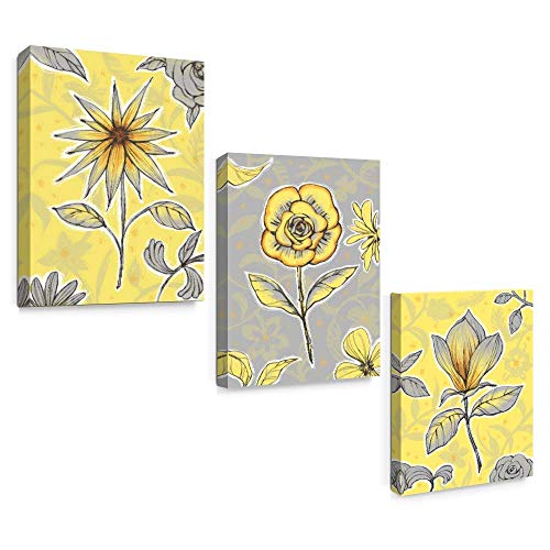 SUMGAR Yellow Wall Art Bedroom 3 Piece Grey Flower Pictures Kitchen Gray Floral Canvas Paintings