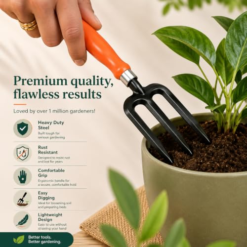 Image of Gardening Hand Fork| Heavy Duty Iron 3-Prong with Ergonomic Handle| Durable Garden Fork for Digging, Soil Turning, Planting, Aerating & Weeding(GTK)