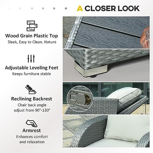 Outsunny 6-Pcs Patio Furniture Sets Outdoor Wicker Sofa Set Rattan Angle Adjustable Recline Single Chair Conversation Set, Ottomans, W/Polyester Tea Table Gas Spring & Soft Washable Cushions, Grey #TOP5