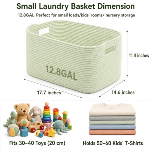 Image of 12.8GAL Small Cute laundry basket for nursery, Boho Square storage basket for Living Room Decor, Kids Girls Boys Toys Stuffed Animal Decorative Short Hamper for Dirty Clothes, Bath Towel Sage Green