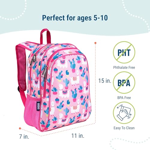 Image of Wildkin 15 Inch Backpack for Kids, Llamas and Cactus | Ages 5-10, padded straps, side water bottle pocket - coordinates with matching Wildkin lunch boxes and water bottles