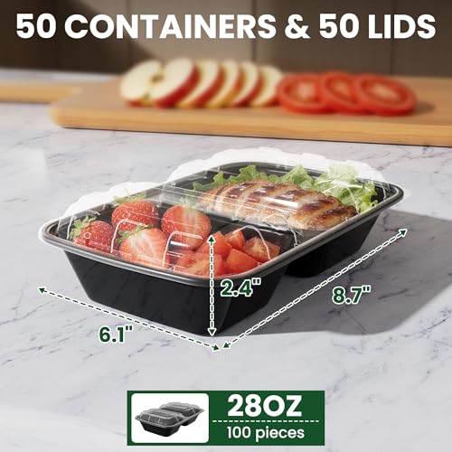 Geisoun 50 Pack 28oz Meal Prep Containers with Lids 2-Compartment, To Go Take Out Plastic Food Storage Containers with Lids Reusable, Leakproof Food Safe, Microwave Freezer Dishwasher Safe, Black — view 3