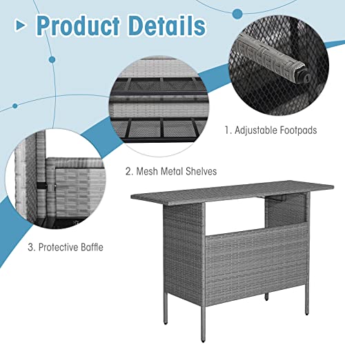 Tangkula-Outdoor-Wicker-Bar-Table-Patiojoy-All-Weather-Patio-Bar-Height-Table-with-2-Metal-Mesh-Shelves-2-Rail-Steel-Stemware-Racks-Rattan-Bar-Counter-Table-for-Backyard-Poolside-Mix-Grey Tangkula Outdoor Wicker Bar Table Patiojoy All Weather Patio Bar Height Table with 2 Metal Mesh Shelves 2 Rail Steel Stemware Racks Rattan Bar Counter Table for Backyard Poolside Mix Grey