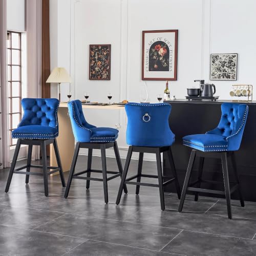 Image of Blue Swivel Bar Stools, Velvet Counter Height Bar Stools Set of 4 | 360 Swivel Bar Chairs, Solid Wood Legs, Upholstered Kitchen Island Stools, Modern Extra Wide Seat (Blue, 30 inch H, 4 Pack)