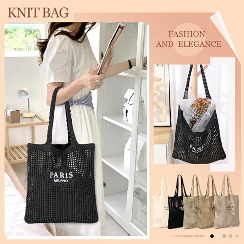 Image of Ayieyill Crochet Tote Bag For Women, Crochet Mesh Beach Tote Bag Summer Vacation Aesthetic Boho Knit Bag for Women