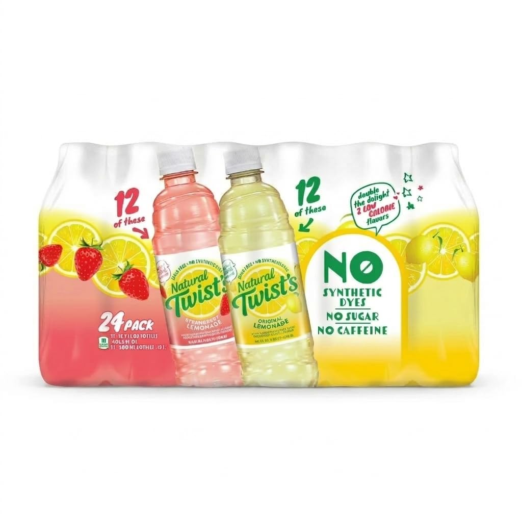 Natural Twist's Sugar Free Lemonade Variety Pack - 16.9 fl oz Bottles, 24 Count - Low Calorie Fruit Flavored Drinks, No Caffeine, Keto Friendly Refreshing Non-Carbonated Beverage - Strawberry and Original Flavors
