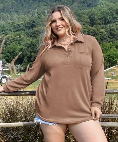 CARCOS Plus Size Tops for Women Waffle Knit Henley Shirts Long Sleeve Button V Neck Tunics Casual Solid Blouse with Pocket2