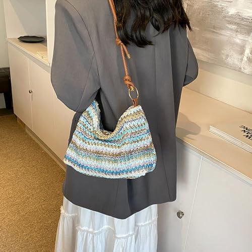 Image of Women's Woven Beach Shoulder Handbag Colorful Straw Tote Bag Summer Vacation Crossbody Bag