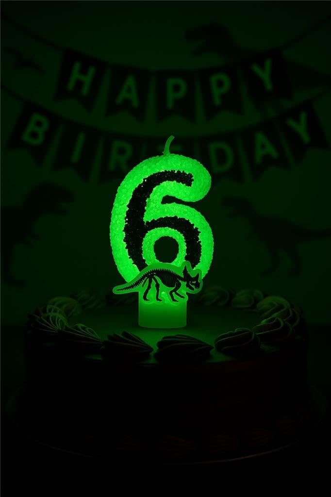Glow in The Dark Dinosaur Birthday Candle Number 6 for Boy Jurassic Skeleton Theme Party