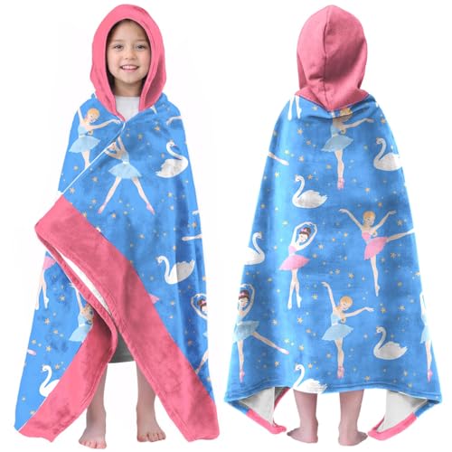 Image of Dance Girls Beach Towel with Hoodie for Kids Toddlers Age 4-8, Pink Blue Bath Towels Shower Wrap for Girls, Hooded Poncho Beach Blanket for Pool Swimming Cute Wearable Bath Towel for Child