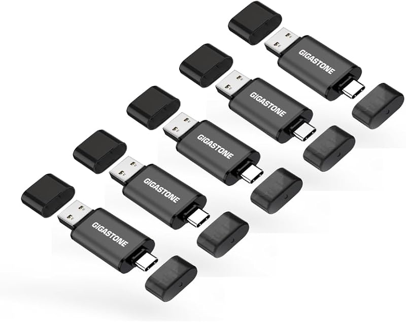64GB Dual USB Flash Drive 5-Pack, USB 3.2 Gen 1, 2-in-1 USB C+A, Speed Up to 100MB/s, Head Cap Design Thumb Drive, Plug & Play for Smartphone/PC/Mac/TV/Car Audio, USB 2.0/3.0/3.1 Compatible