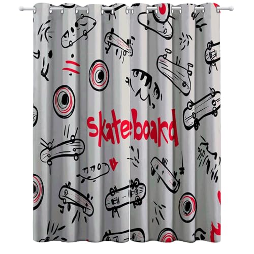 Cortinas de Dormitorio Cortina de Salón Arte de Skate Vectorial Cortinas Opacas Cortina de Cortinas de Cocina Modernas Dormitorio Gris Comedor 117An x 138Al cm (2 Paneles)