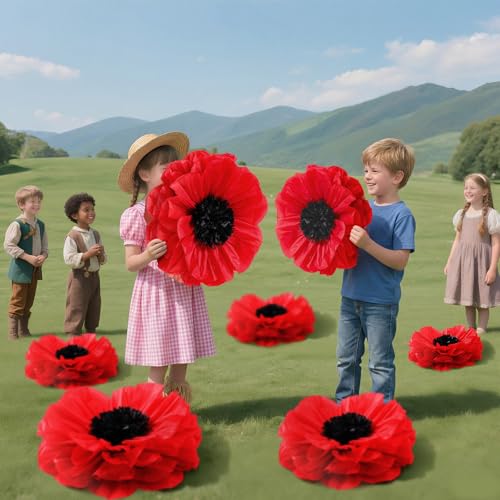 Image of Chunful 5 Pcs 30'' 24'' Giant Poppy Red Tissue Paper Flowers Wizard Party Decoration Large Hanging Tissue Paper Poppies Pom Poms Decor for Halloween Witch Veterans Day Carnival Memorial Day Birthday